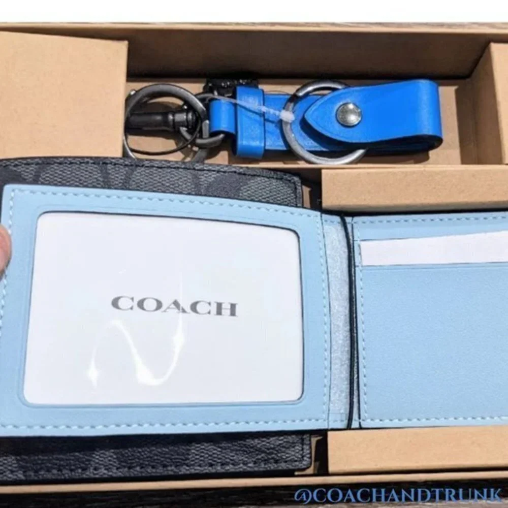 COACH 3 In 1 Leather Wallet Gift Set Color Block Signature Canvas Gift Box NWT